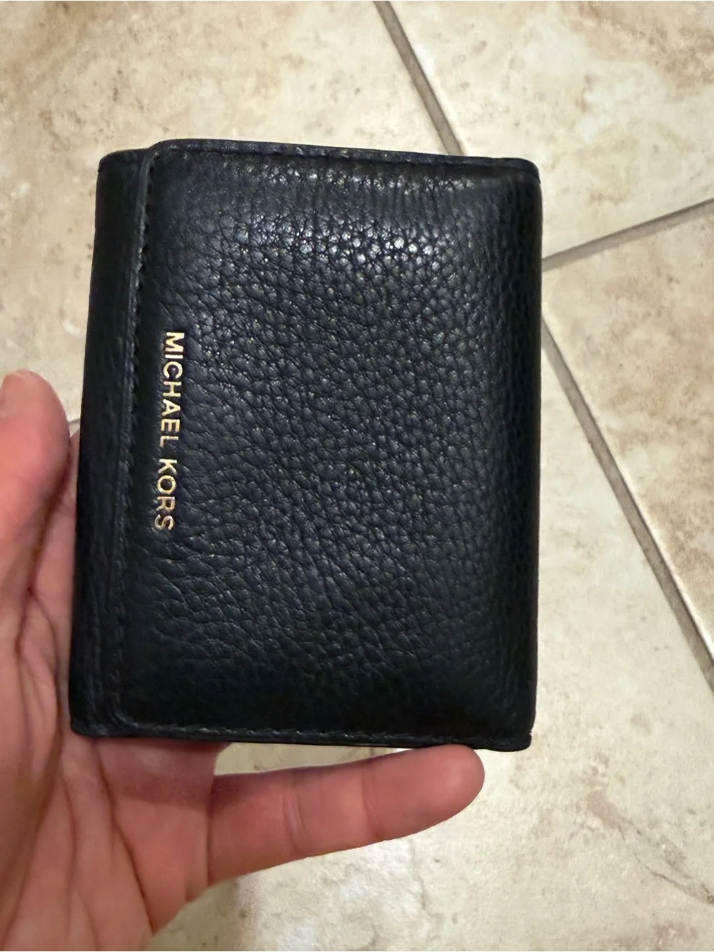 Michael Kors Black Pebbled Leather Compact Card Holder with Gold Logo